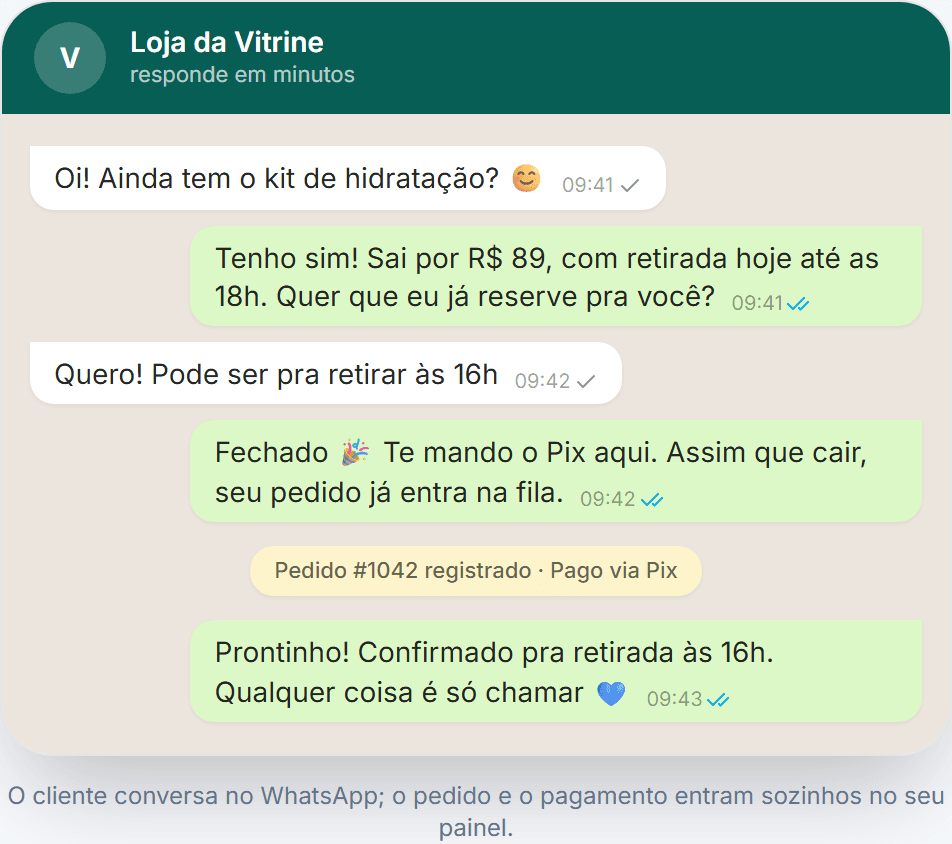 Conversa de WhatsApp virando pedido no CorujaAí Vitrine: do “ainda tem?” ao pagamento confirmado via Pix