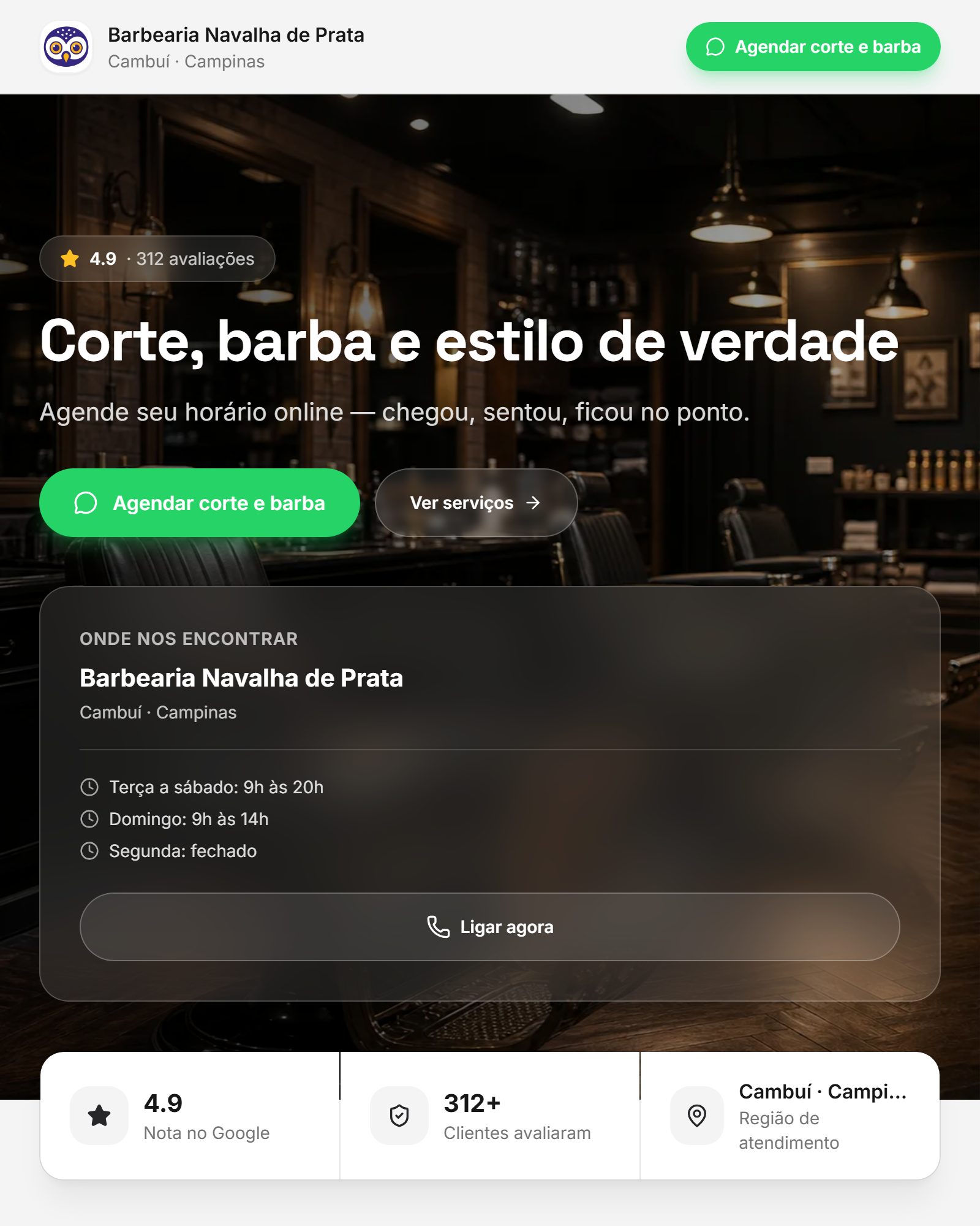 Print real do site de exemplo Barbearia Navalha de Prata (Barbearia)
