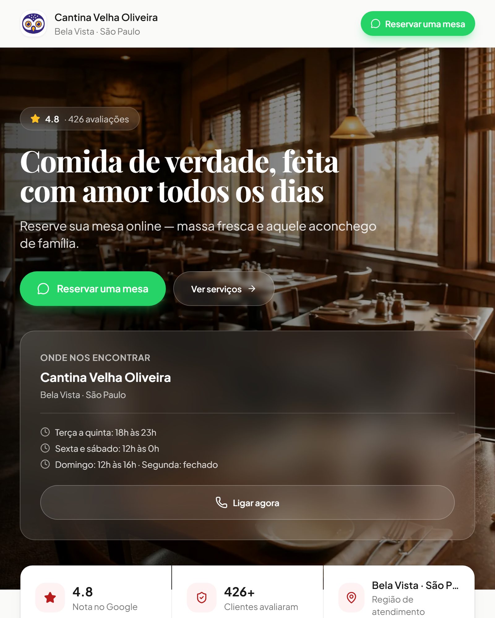 Print real do site de exemplo Cantina Velha Oliveira (Restaurante)
