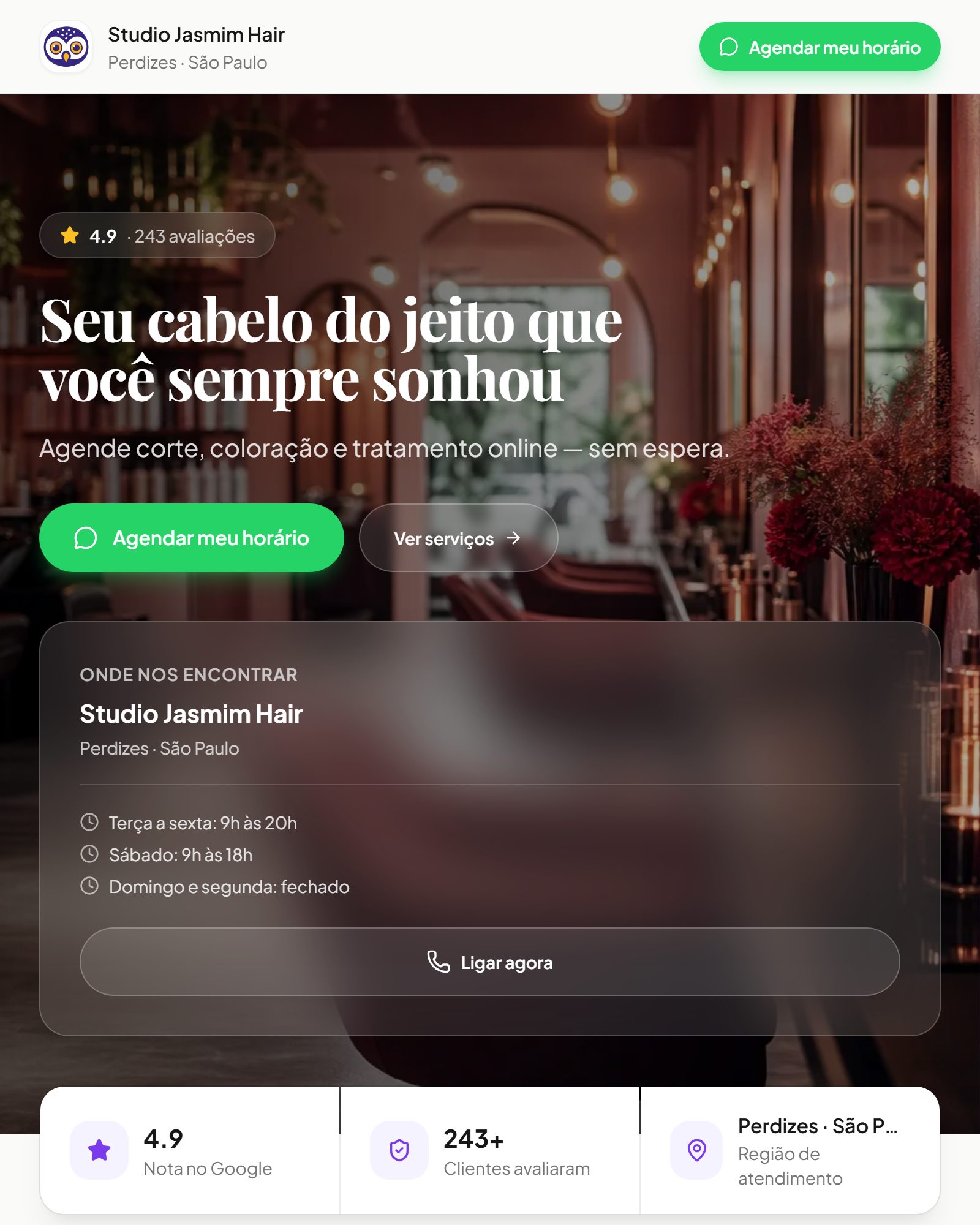 Print real do site de exemplo Studio Jasmim Hair (Salão)