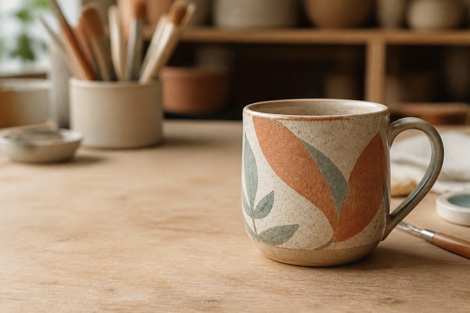 Caneca de cerâmica pintada à mão sobre bancada de ateliê