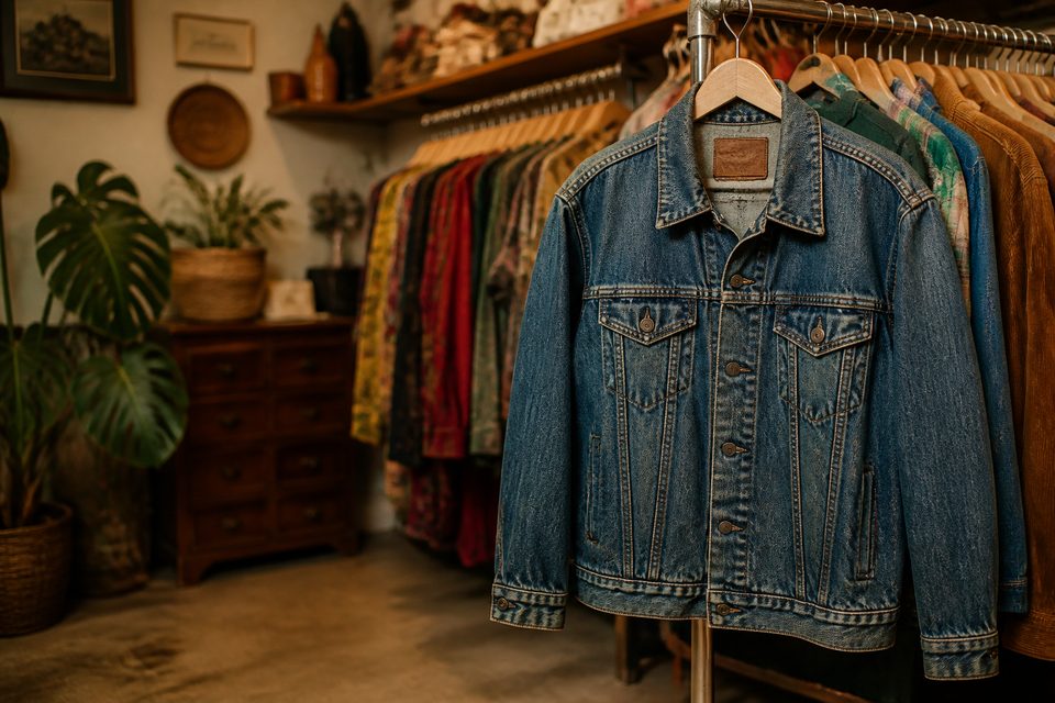 Jaqueta jeans em cabide na arara de um brechó