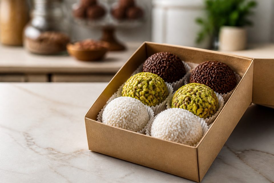 Caixa aberta com brigadeiros gourmet de chocolate, pistache e coco