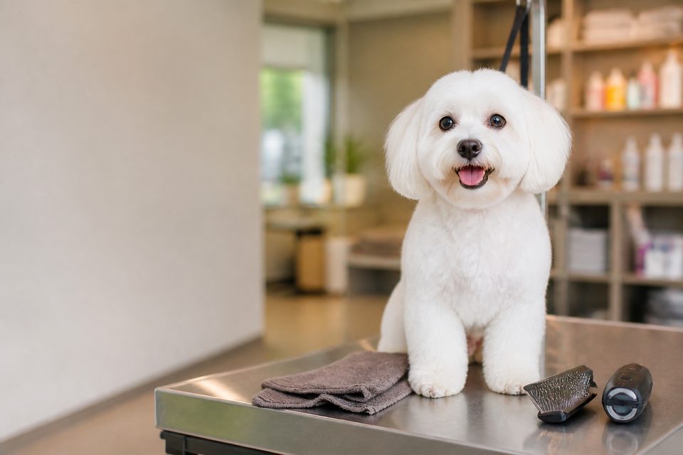 Cachorro pequeno recém-banhado na mesa de tosa do pet shop